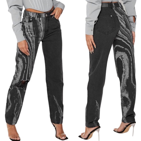 Maniere De Voir Denim - NWT Maniere De Voir Marble Print Mom Jeans Gray Washed Black 10